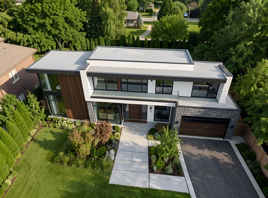 Aerial render of a modern white house with a landscaped front garden