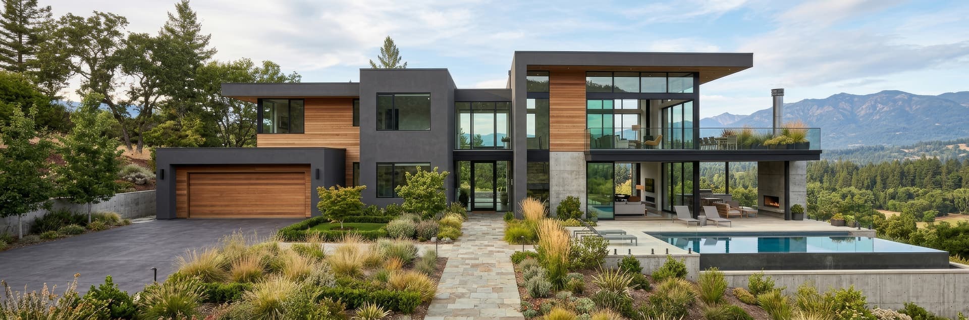 Photorealistic panoramic render of a modern timber and stone house with a pool