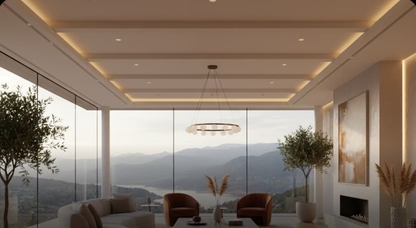 Interior render of a living room with floor-to-ceiling windows and mountain views