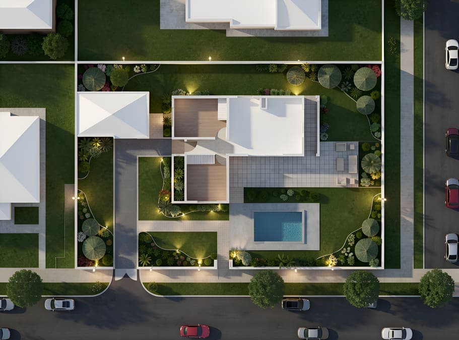 Top-down site plan render with the house, pool and landscaped garden