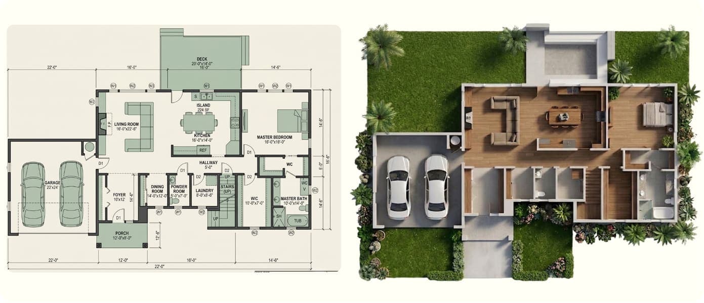 Colored CAD floor plan of a house beside its top-down 3D render