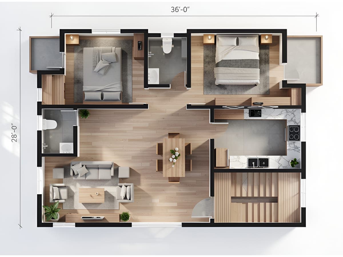Two-bedroom CAD floor plan rendered in 3D with wood floors, furniture, a kitchen and a staircase