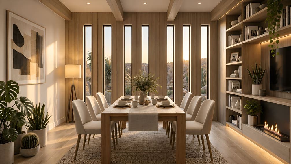 The same dining room rendered in a lighter, natural wood design style