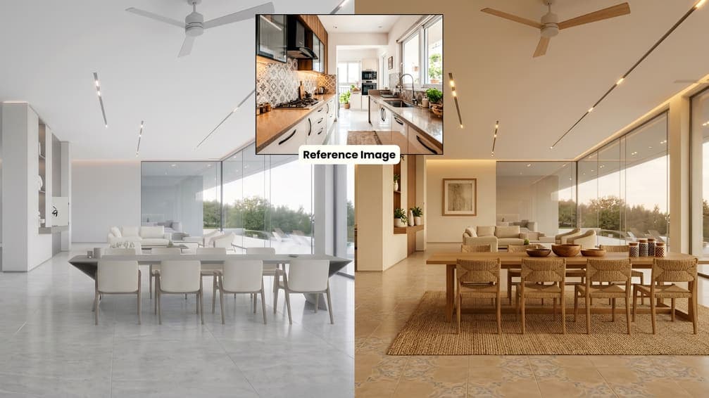 Empty room restyled to match a reference image of a kitchen and dining space