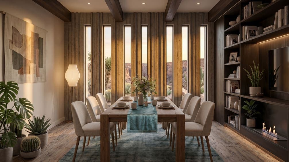 Photorealistic dining room render with slatted windows, built-in shelving and a fireplace