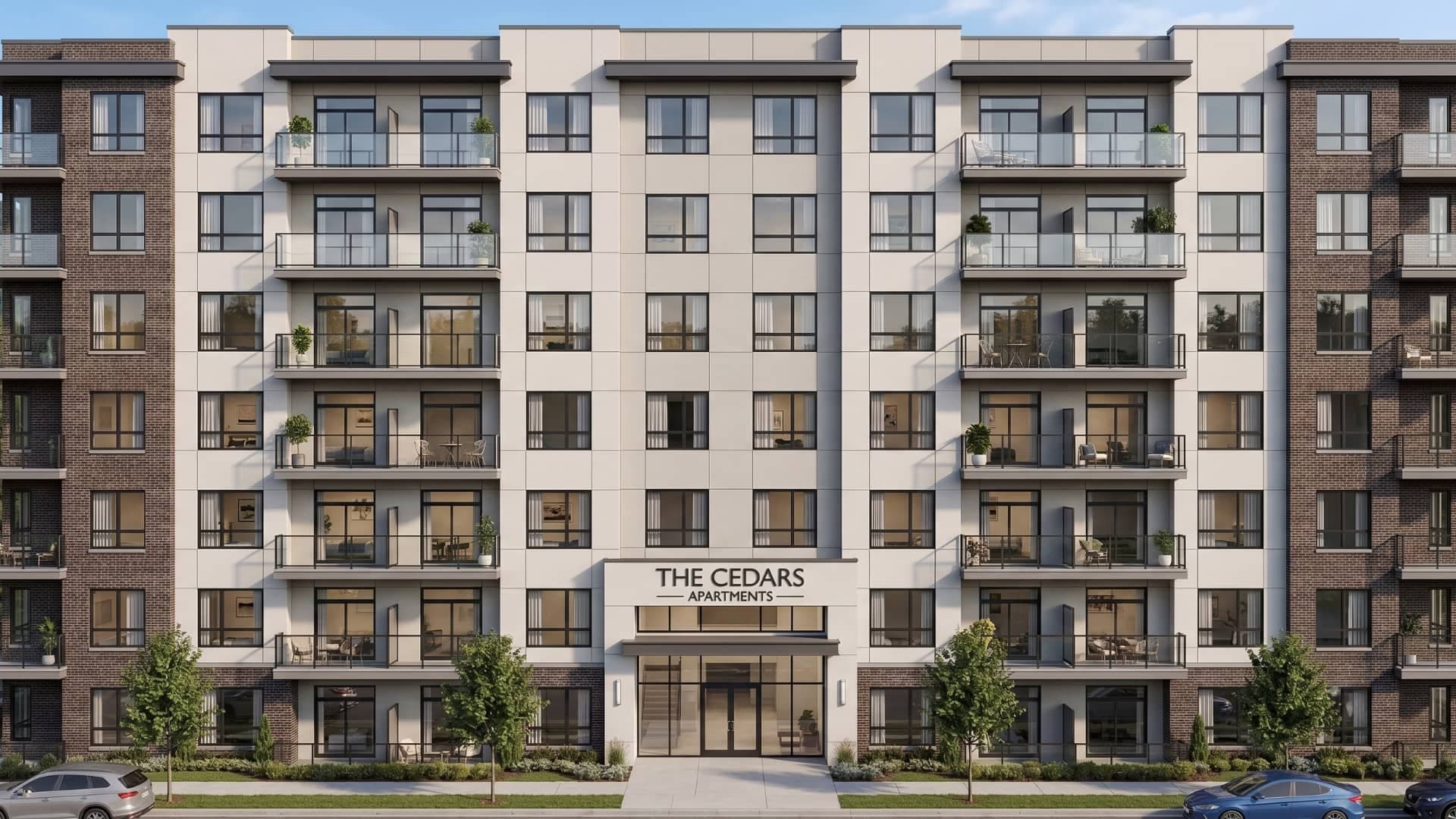 Photorealistic render of a mid-rise apartment building with balconies
