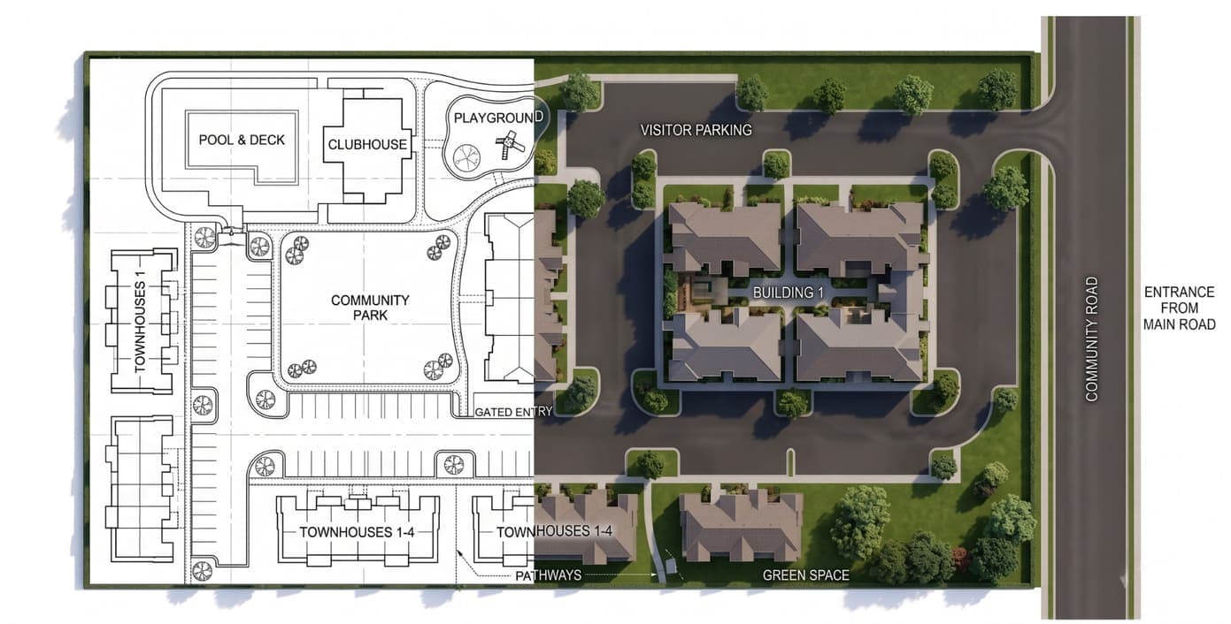 CAD site plan of a housing development beside its aerial 3D render