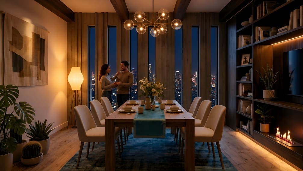 The dining room staged for the evening with warm lighting and city views