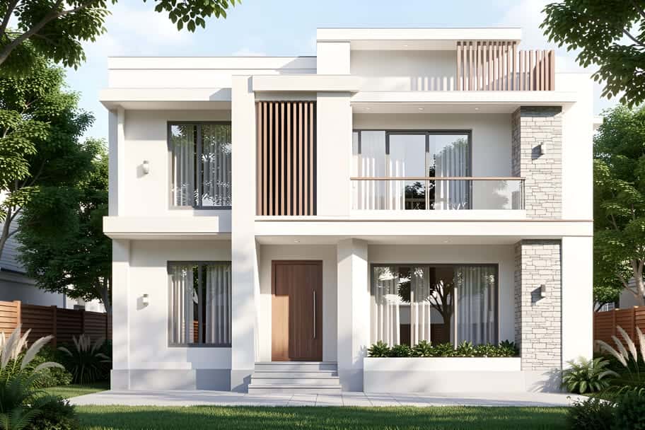 Photorealistic exterior render of the same house