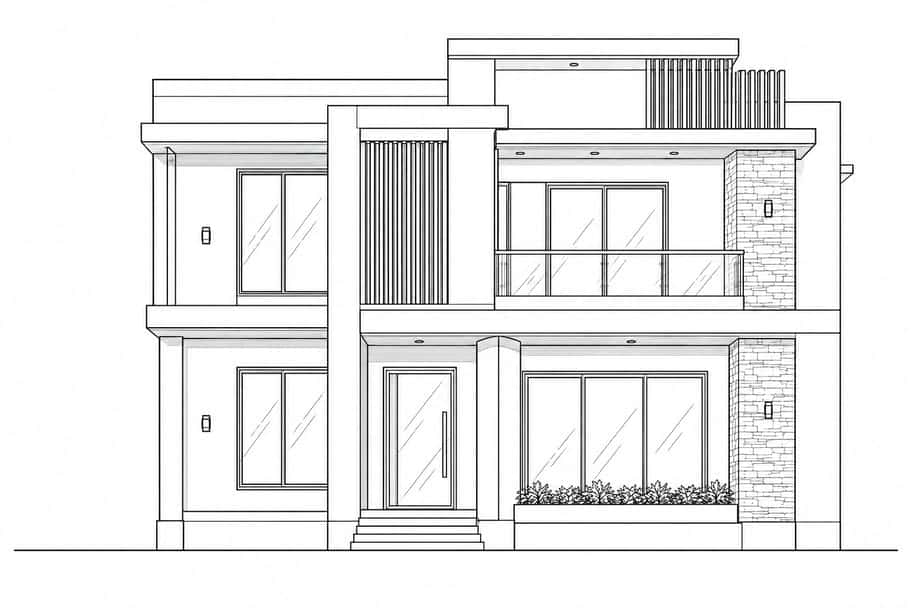 Line drawing of a two-story house elevation