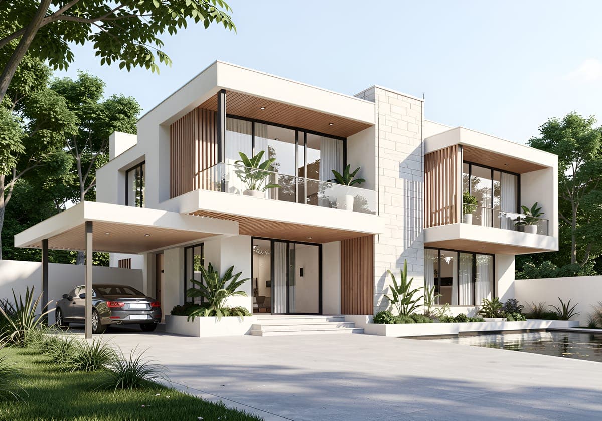 Modern two-storey house rendered with white walls, timber slats, a carport, glass balconies and a pool