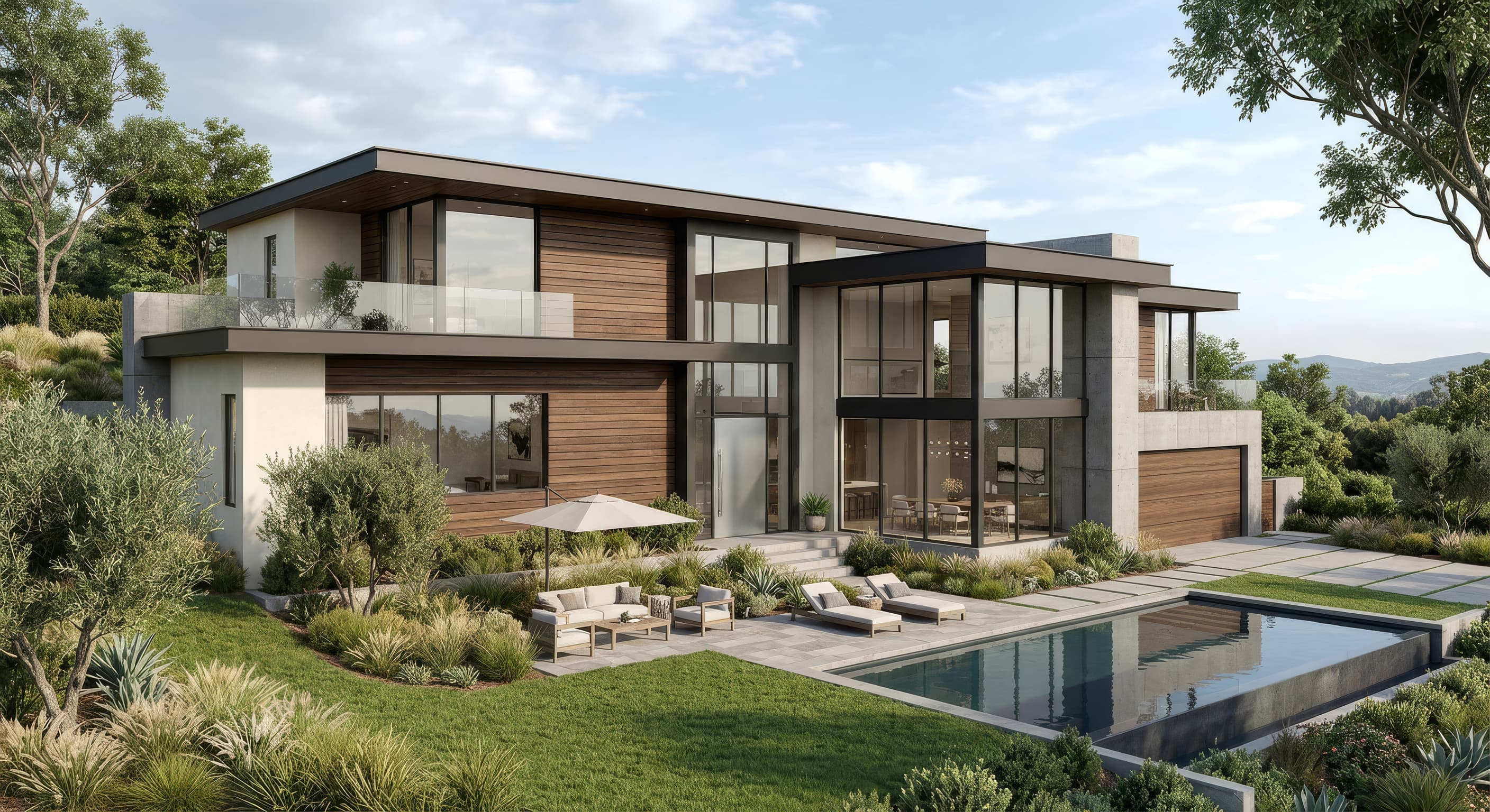 Modern two-story house with a pool and garden terrace