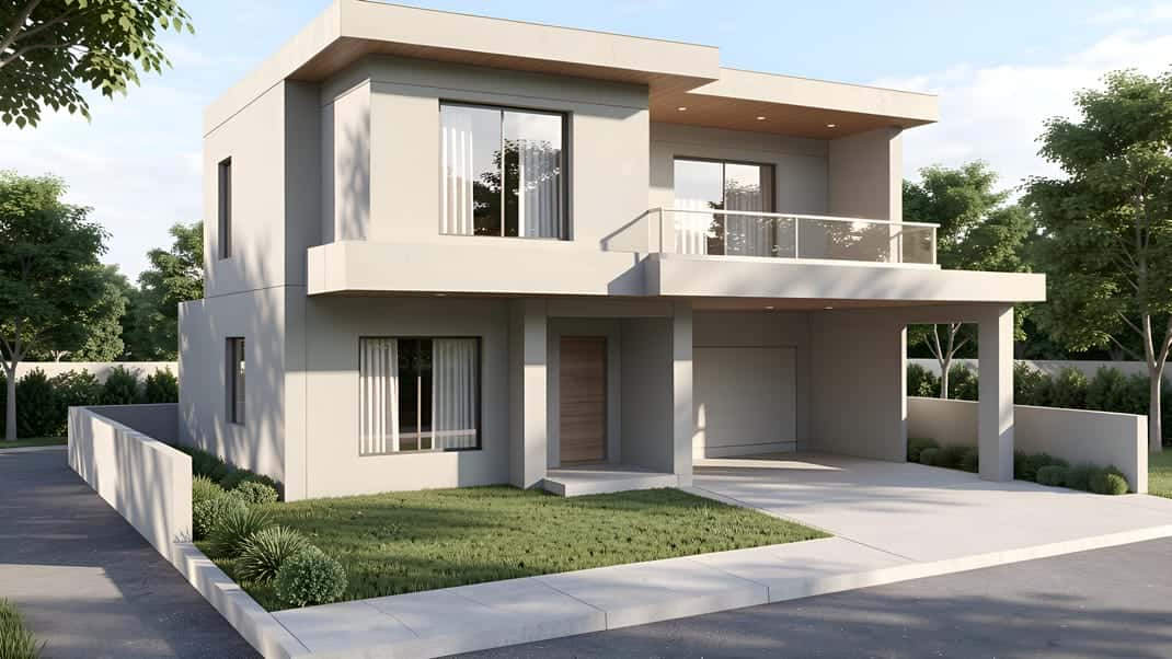Photorealistic exterior render of the same contemporary house