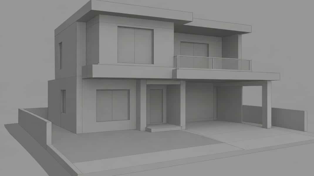 Grey 3D massing model of a two-story house