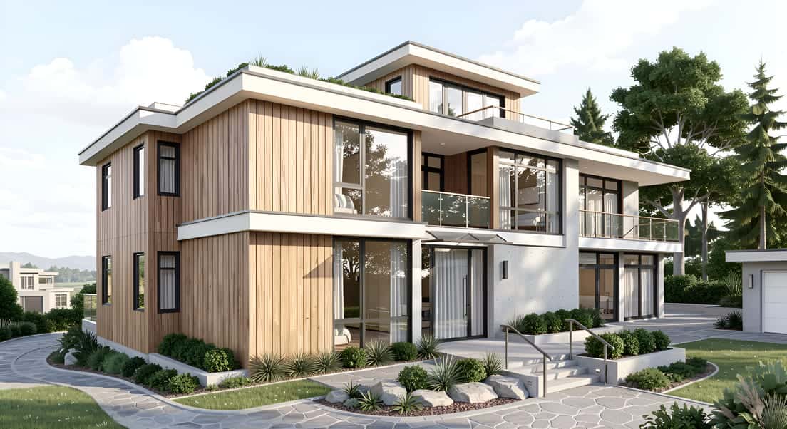 Photorealistic daytime render of the same house