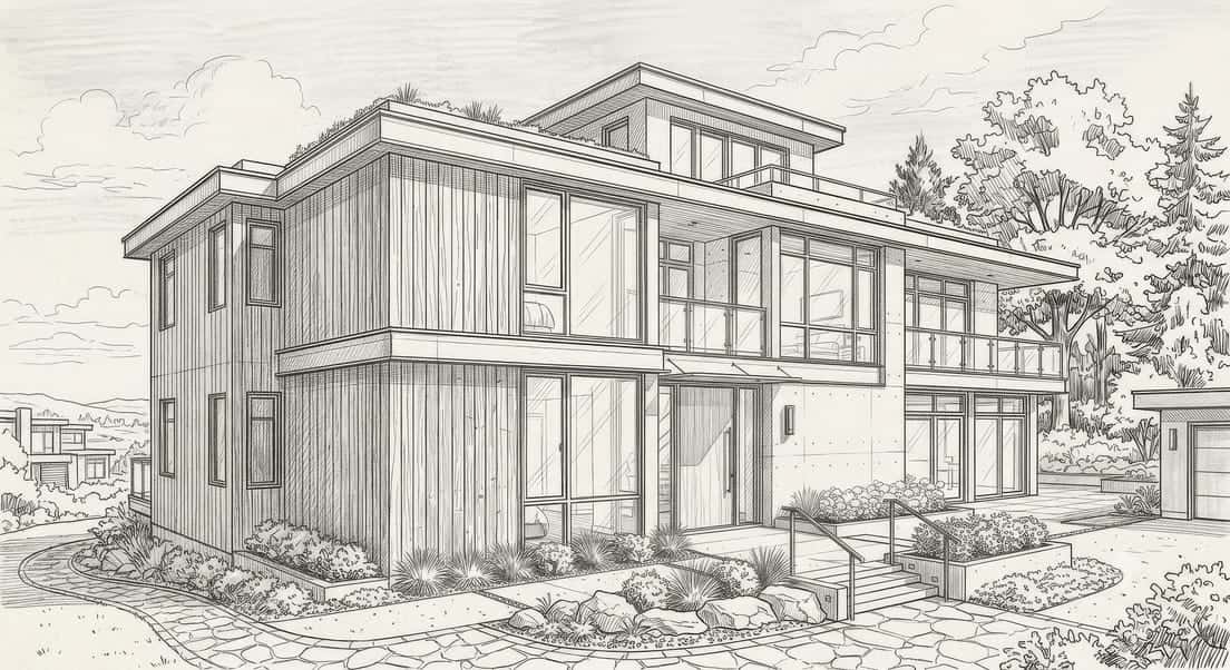 Pencil sketch of a timber-clad modern house
