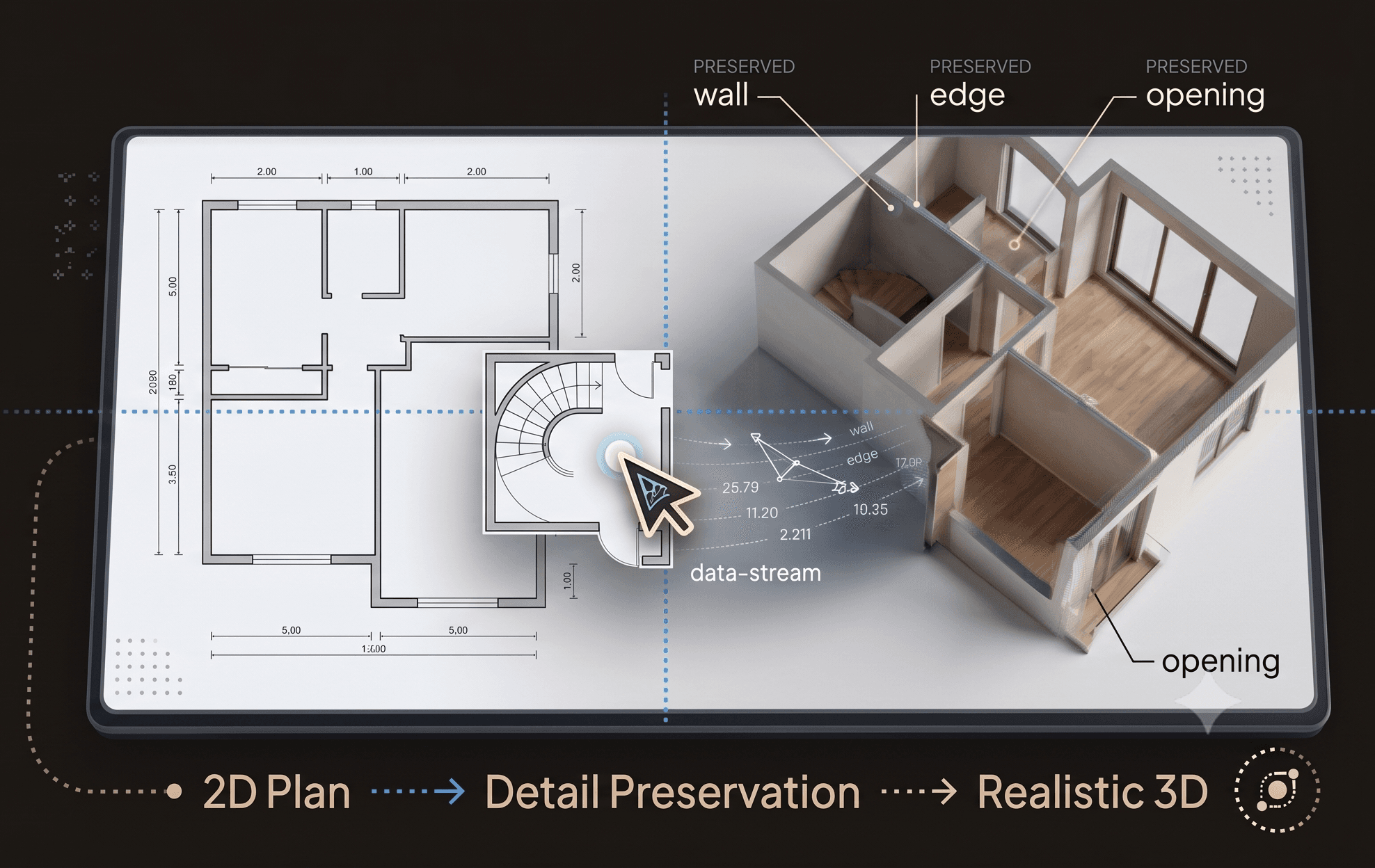 Monochrome studio apartment rendered from a floor plan