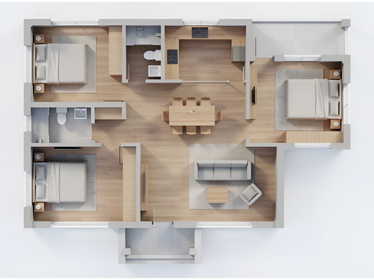 Three-bedroom floor plan rendered top-down with wood floors, furniture, a kitchen and a front porch