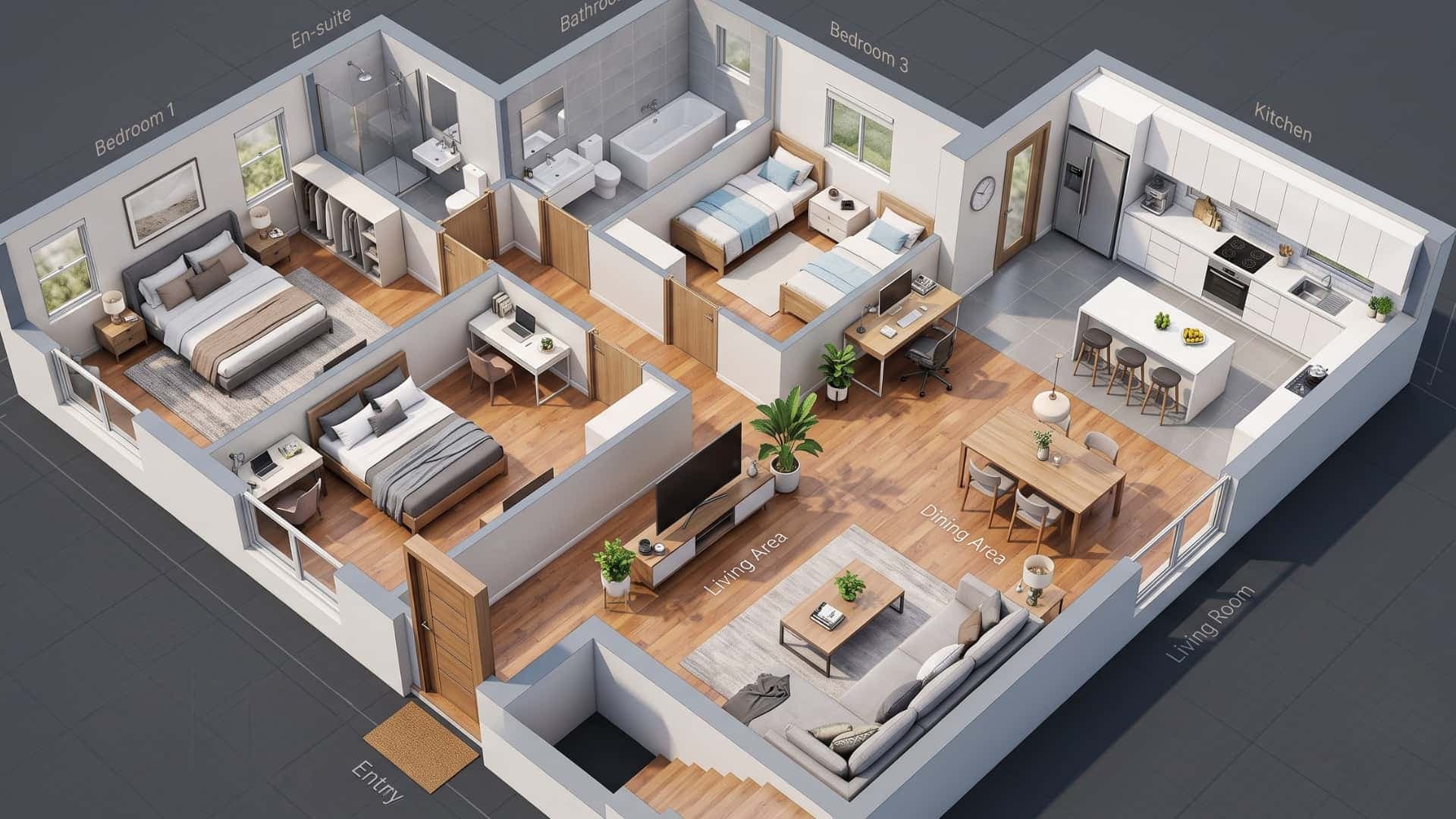 Top-down 3D render of an apartment floor plan