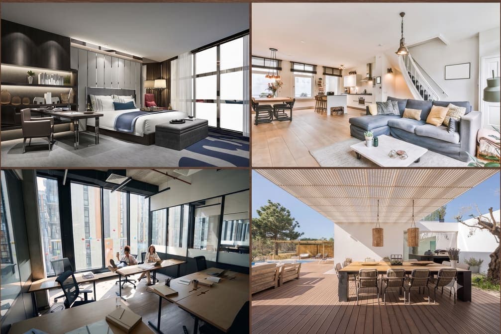 Top-down render of an open-plan loft with an orange sofa and dining table