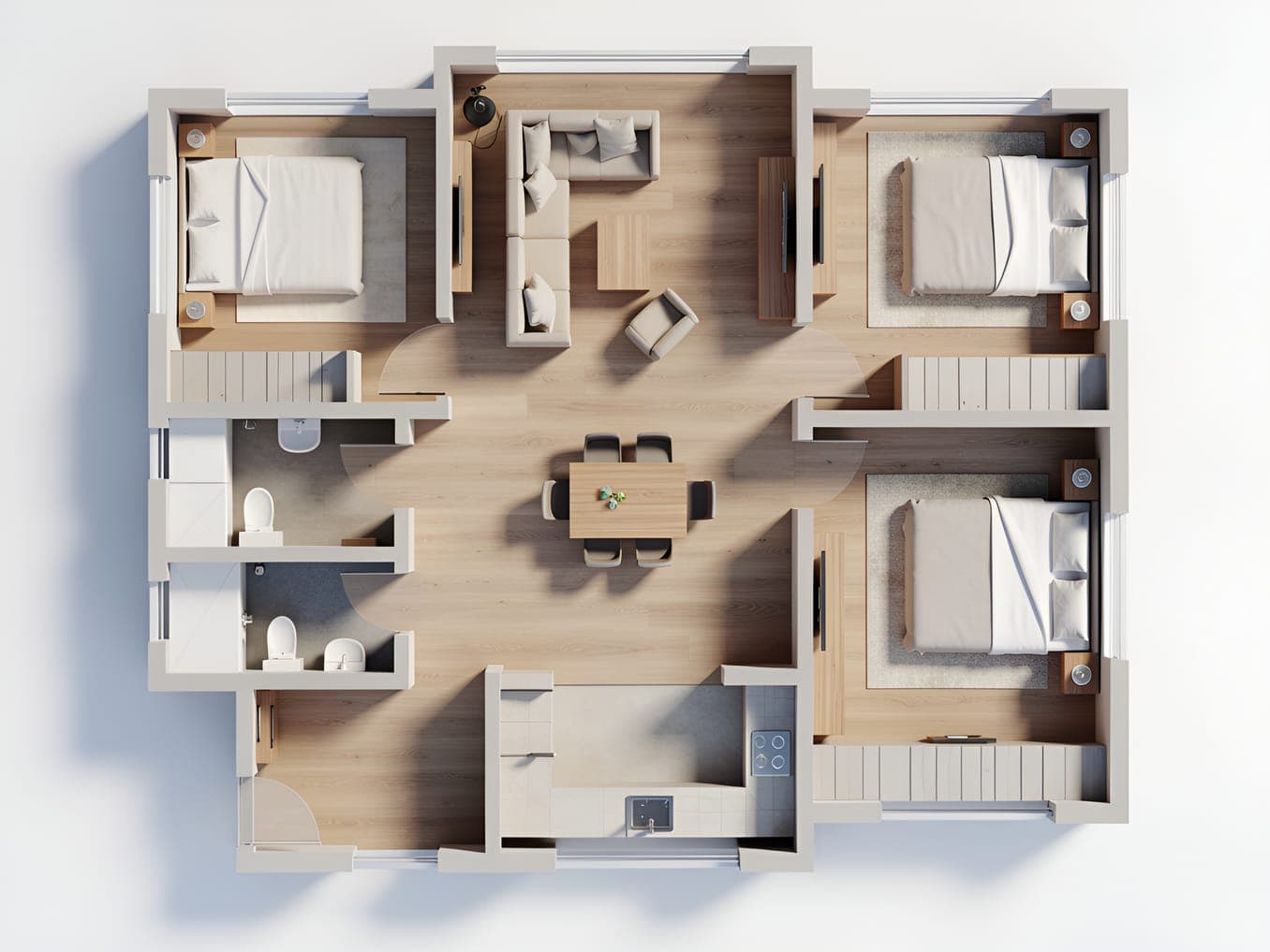 Top-down 3D render of the same apartment with wood floors and furniture