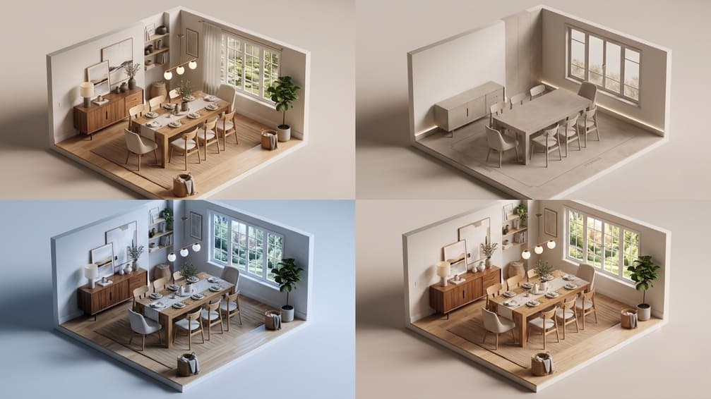 The same dining room rendered from a floor plan in four variations