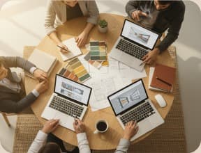 Designers with laptops and material samples