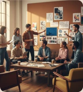 Studio team discussing a pinned-up project