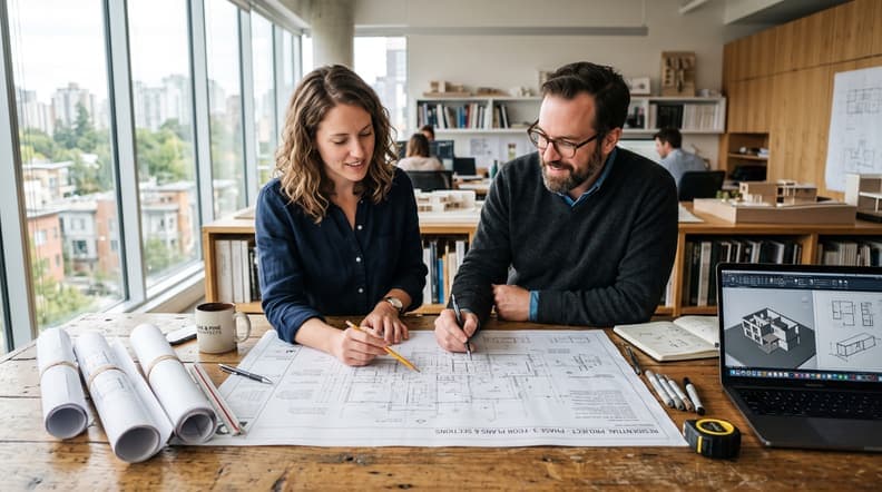 Two architects reviewing drawings at a studio desk