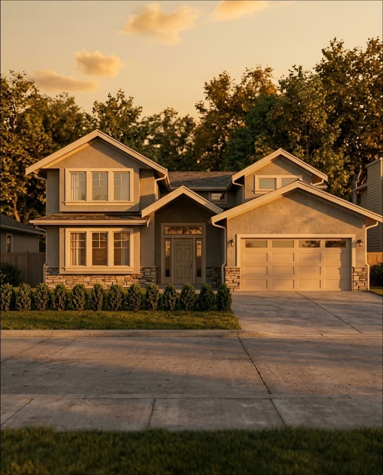 Detailed render of the same house in warm golden-hour light