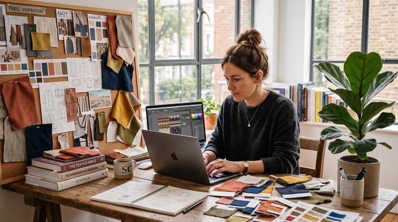 Designer working on a laptop beside a mood board and material samples