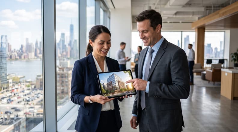 Developers reviewing a building render on a tablet in a high-rise office