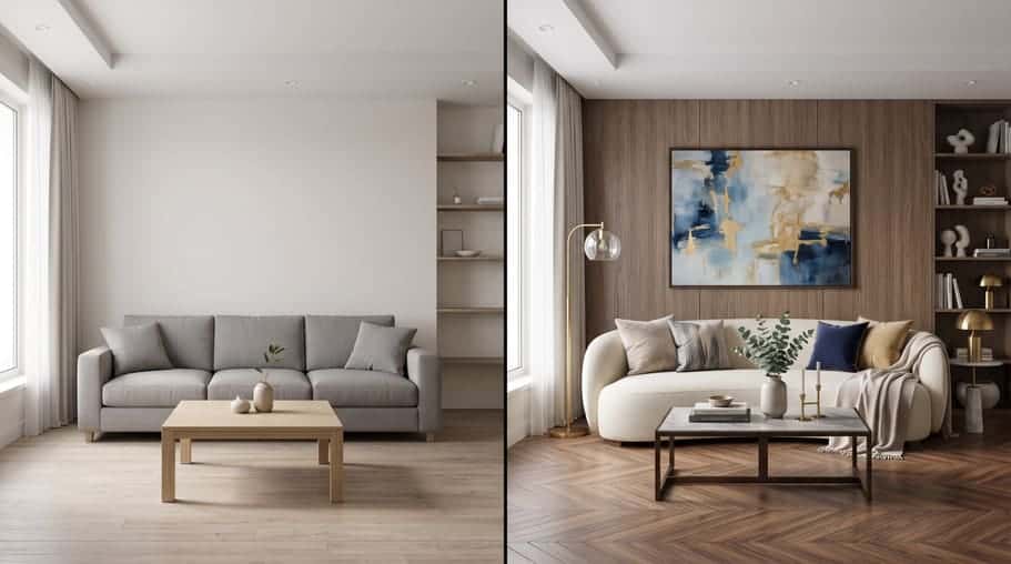 Plain living room beside the same room with new decor and a timber feature wall