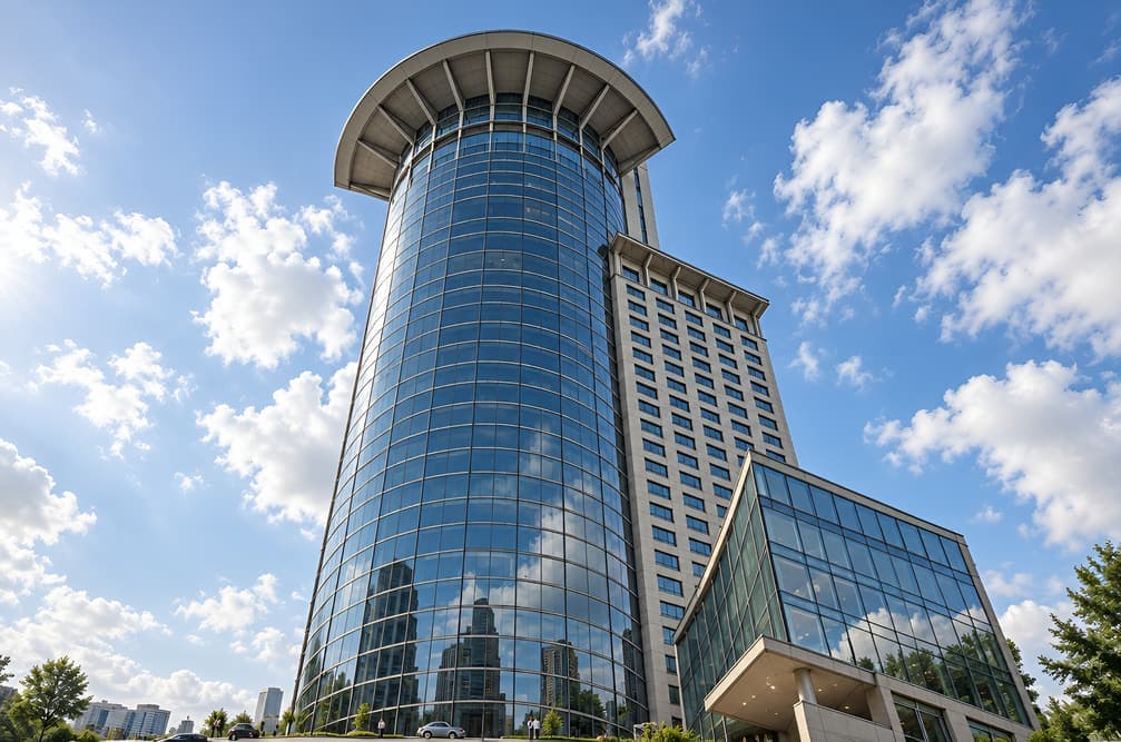 Photorealistic render of the same glass tower under a blue sky