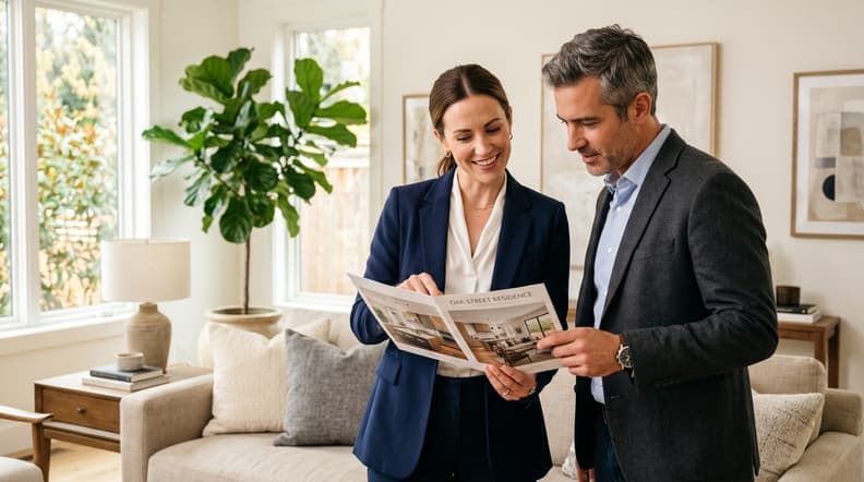 Real estate agent and client reviewing a brochure in a living room