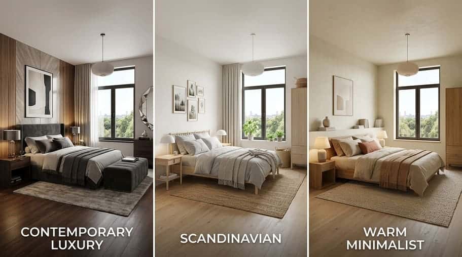 The same bedroom in Contemporary Luxury, Scandinavian and Warm Minimalist styles