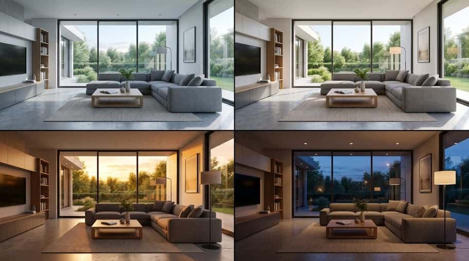 The same living room in four lighting moods from daylight to night