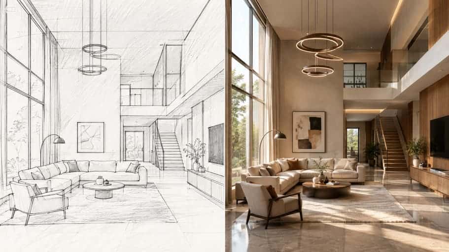 Living room shown half as a pencil sketch and half as a photorealistic render
