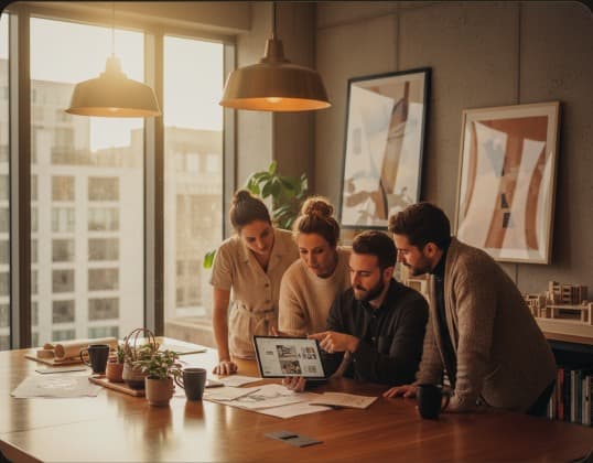 Design team reviewing renders around a table