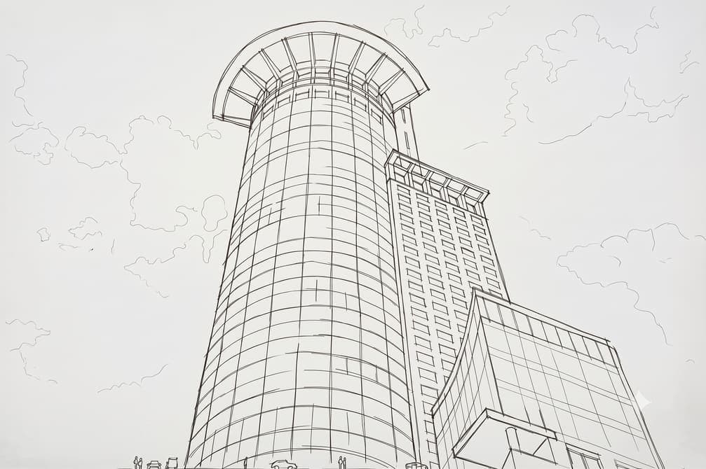 Pencil sketch of a curved glass tower