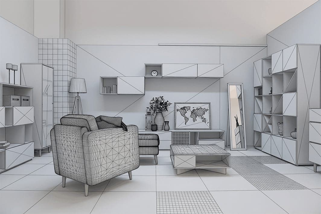 Line drawing of a living room with shelving