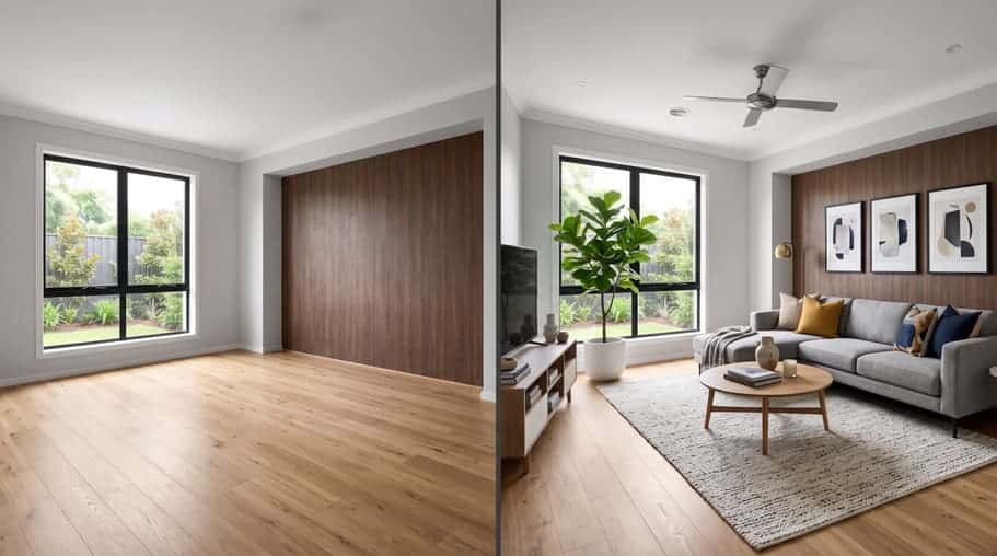 Empty room beside the same room virtually staged with furniture