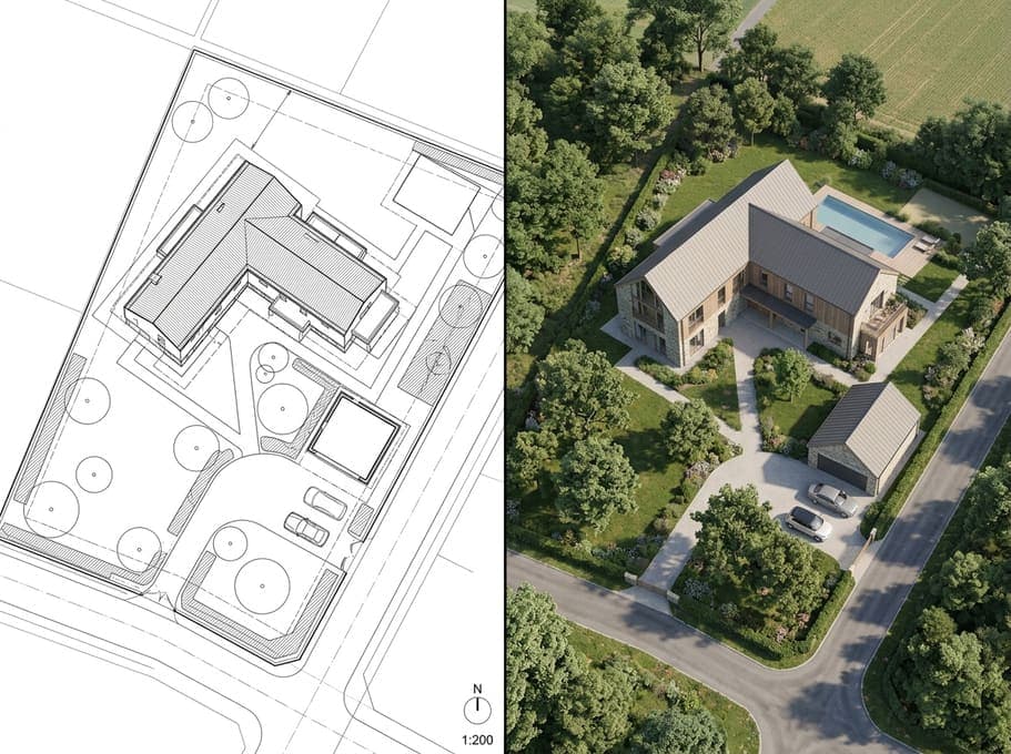 Site plan line drawing of a house beside its aerial render