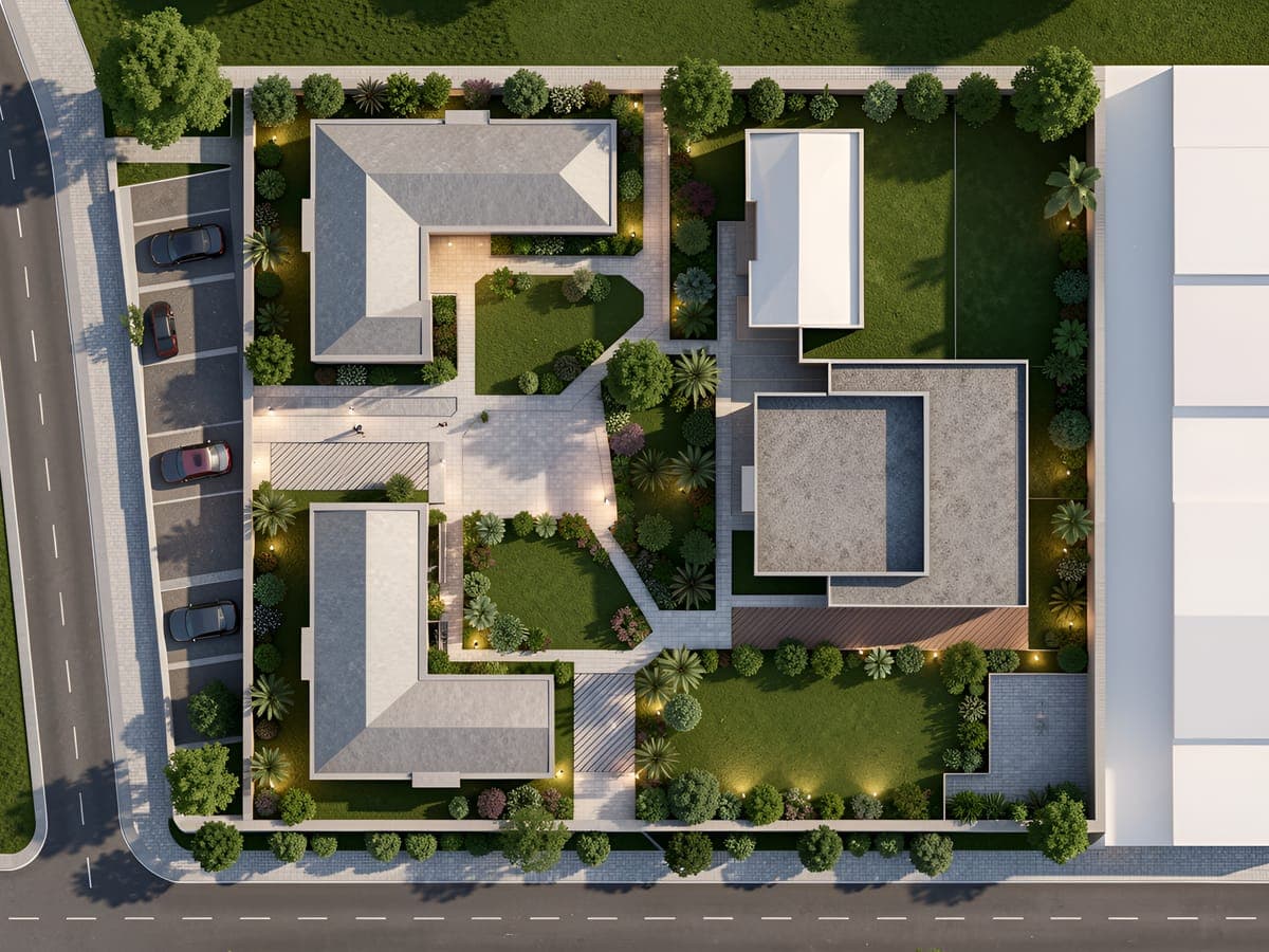 Rendered site plan with four buildings around landscaped courtyards, pathways, lighting and roadside parking