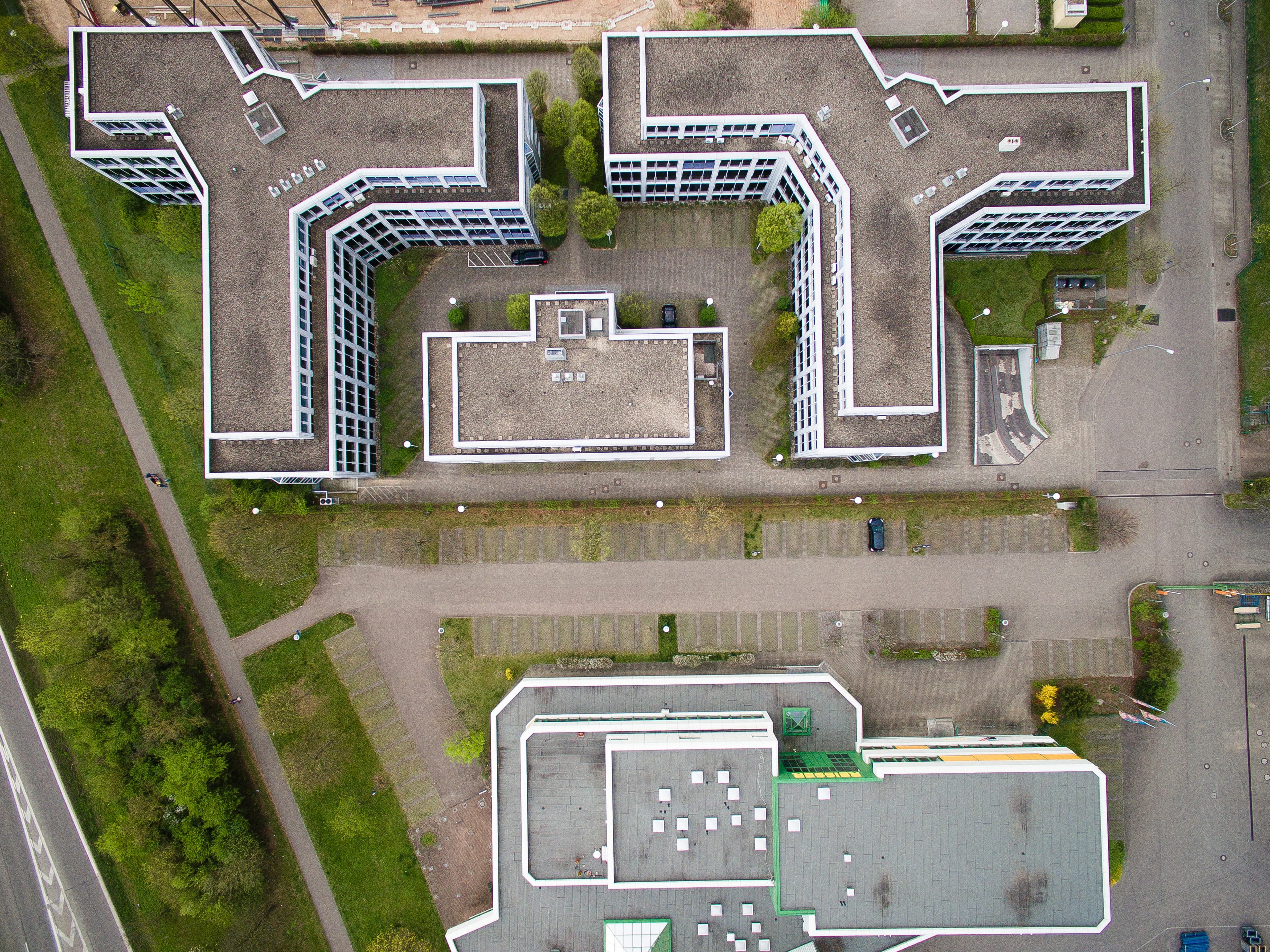 Top-down view of office blocks