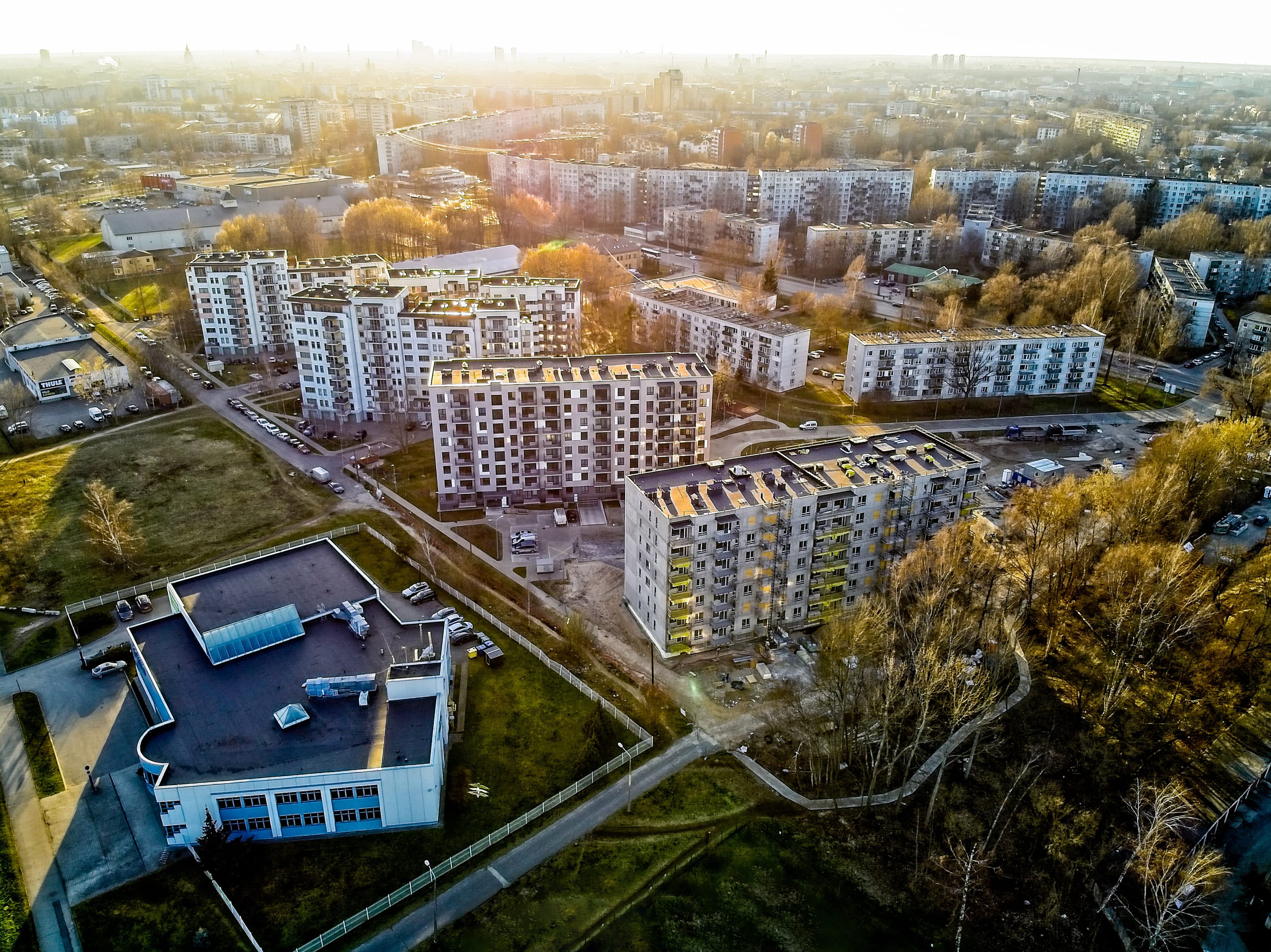 Aerial view of a residential district in autumn light