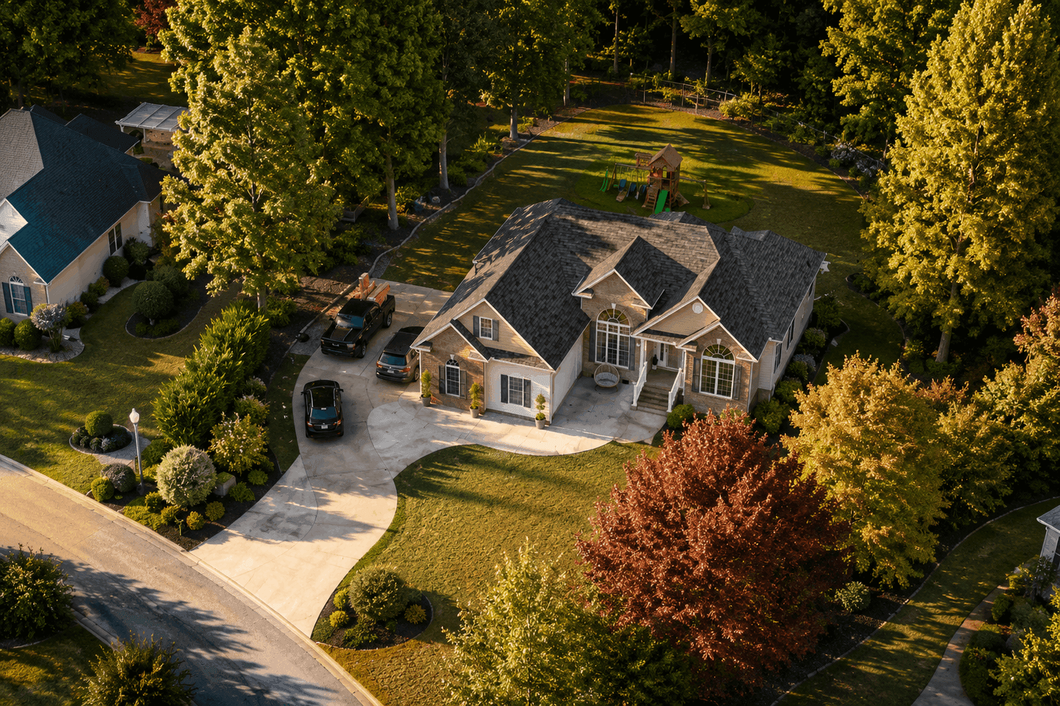 Aerial view of a suburban home and garden ready for site plan rendering