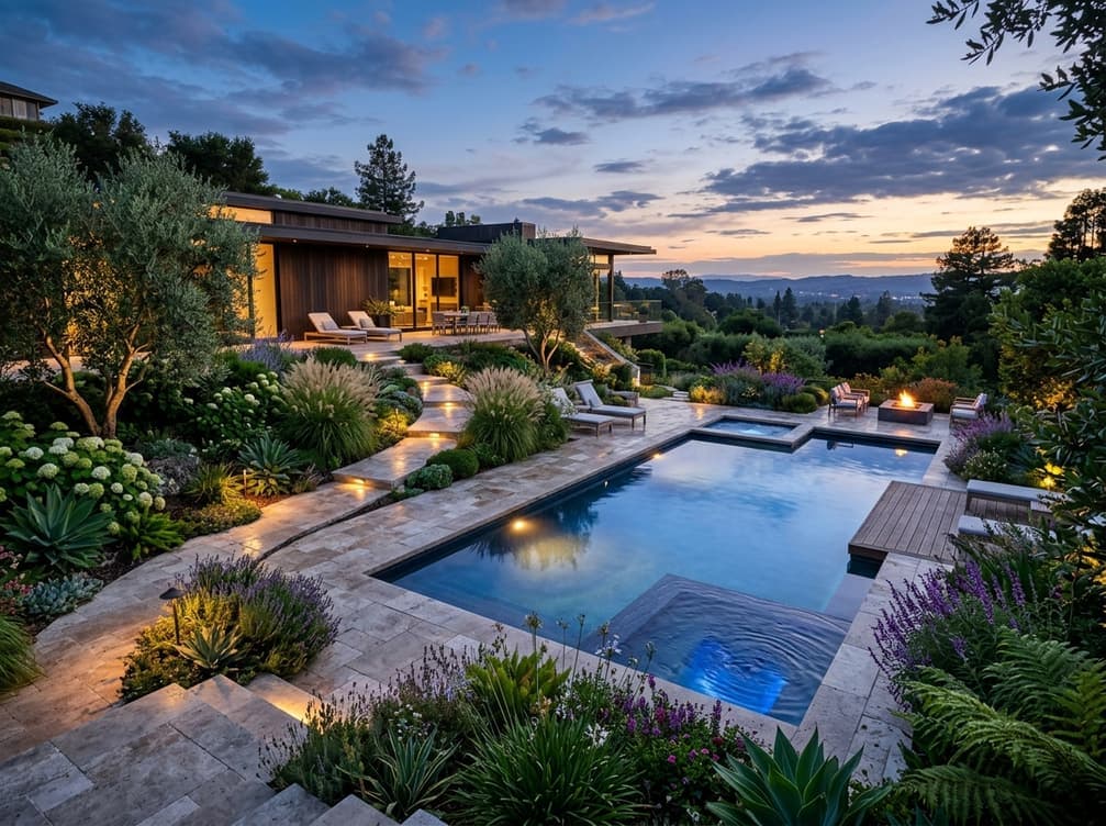 Lit terrace garden with a pool and planting at dusk