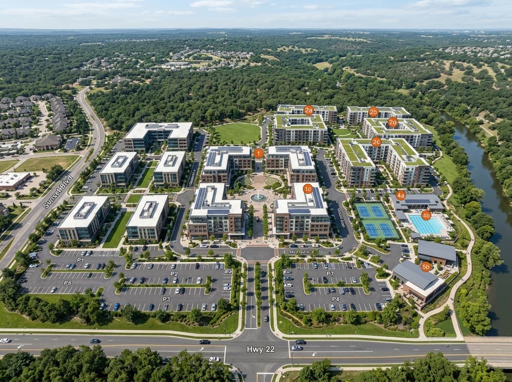 Aerial render of a mixed-use development with parking and sports courts