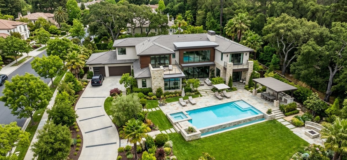 Aerial render of a luxury home with a pool and landscaped lawn